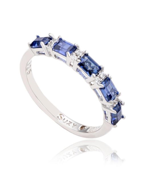 SUZY LEVIAN NEW YORK Blue Suzy Levian Sterling Silver Sapphire & Created White Sapphire 5 Stone Emerald Cut Thin Half Band Ring