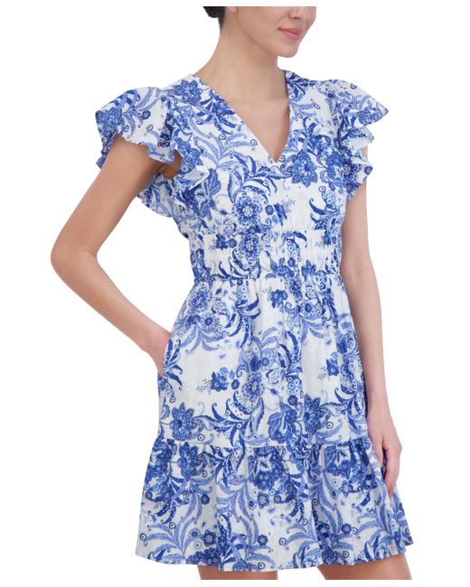 Eliza J Blue Floral Eyelet Flutter-sleeve Dress
