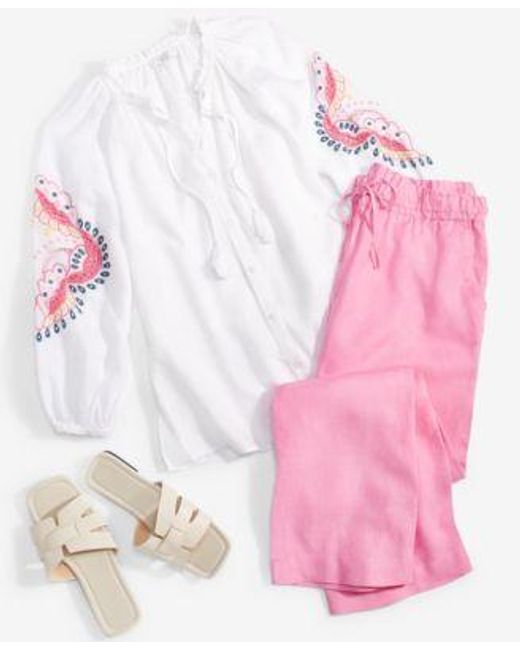 Charter Club Pink Embroidered Peasant Top Linen Pants Created For Macys