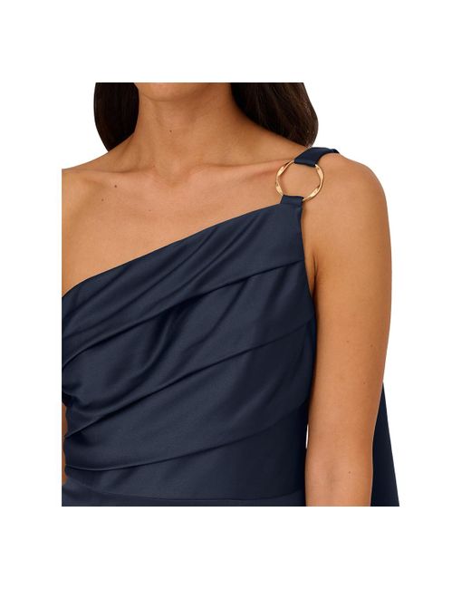 Adrianna Papell Blue Satin Crepe One-shoulder Gown