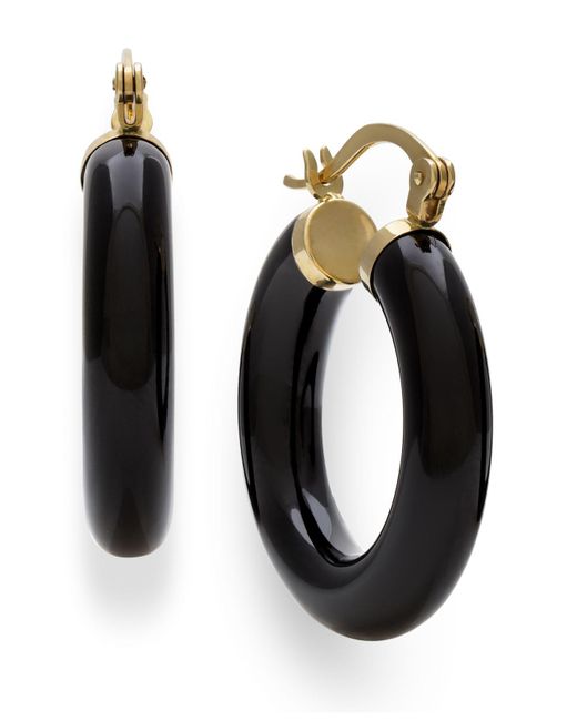 Macy's Black Onyx (25 Mm) Hoop Earrings In 14k Yellow Gold