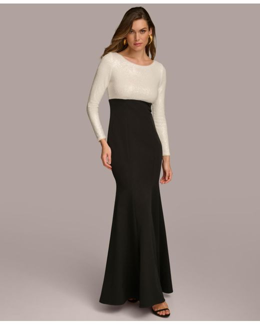 Donna Karan White Long-sleeve Sequin Top Gown