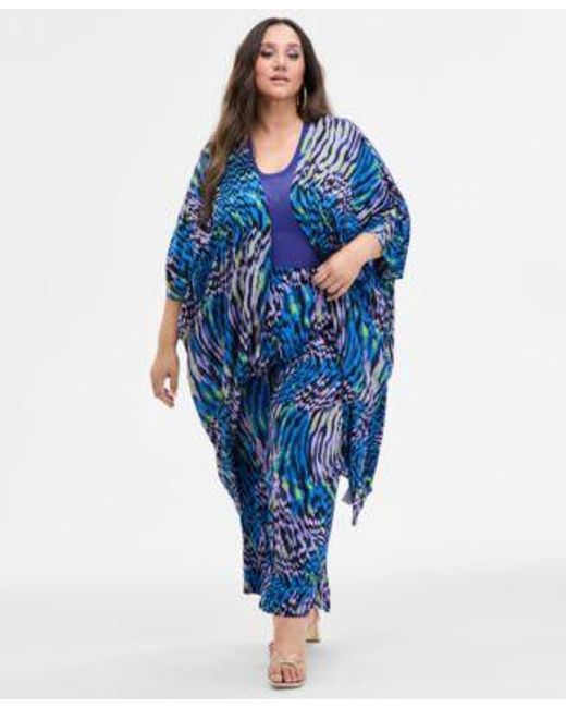 Nina Parker Blue Trendy Plus Size Printed Kimono Sheer Sweater Knit Tank Printed Wide Leg Pants