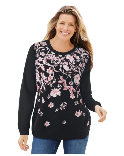 Woman Within Black Plus Size Printed Sweatshirt