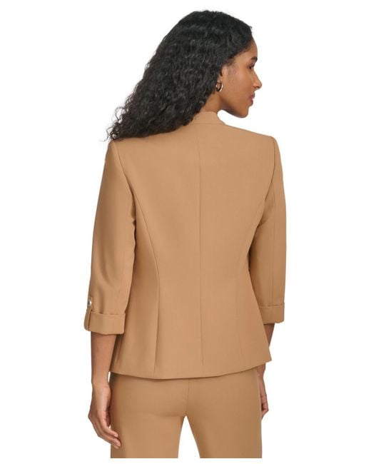 Calvin Klein Brown Petite Open-front Roll-tab-sleeve Asymmetrical Jacket