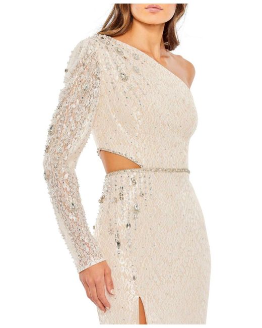 Mac Duggal White Embellished One Sleeve Cut Out Gown