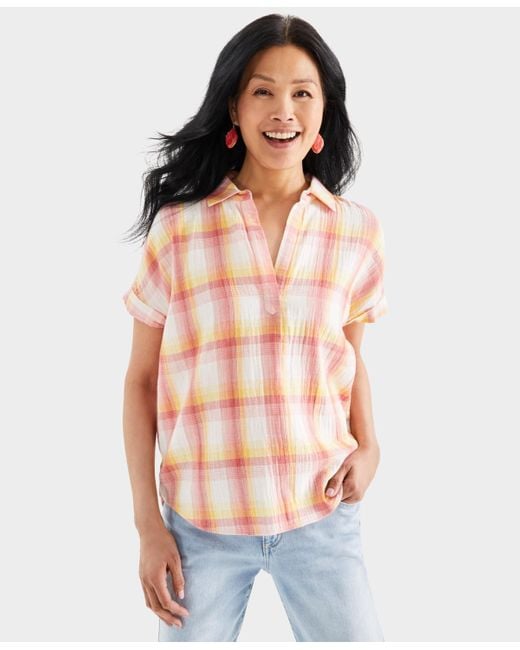 Style & Co. Multicolor Printed Gauze Short-sleeve Popover Top