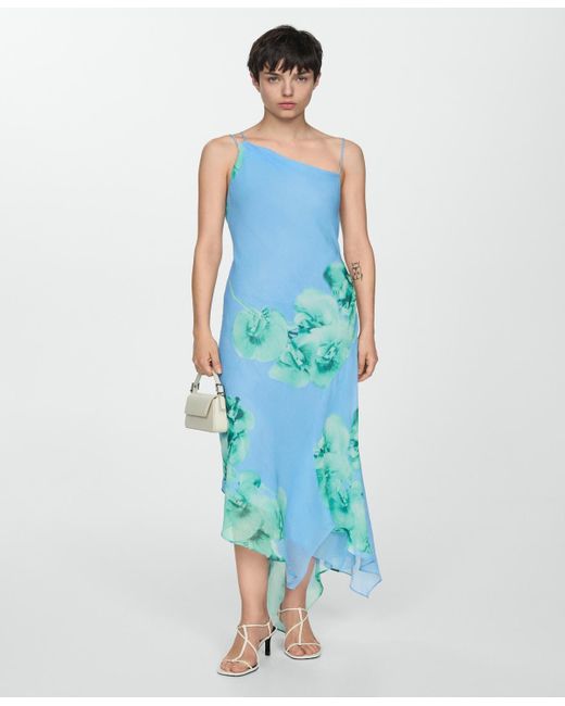 Mango Blue Asymmetric Floral Dress