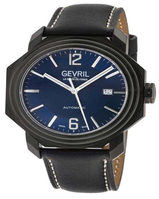 Gevril Canal St Swiss Automatic Italian Black Leather Strap Watch 44mm