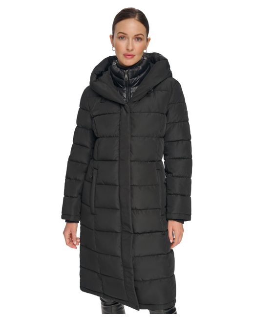 DKNY Black Bibbed Hooded Puffer Coat