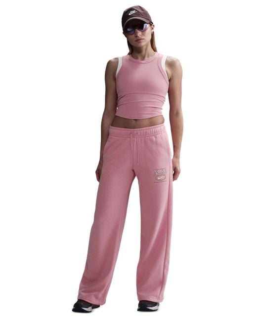 Nike Women's Red Sportswear Club Fleece Mid-rise Wide-leg Logo Pants