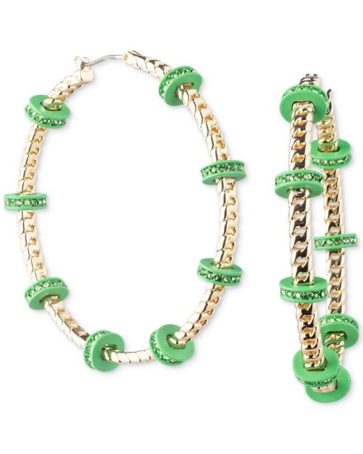 Karl Lagerfeld Green Gold-tone Medium Pave & Color Bead Curb Chain Hoop Earrings