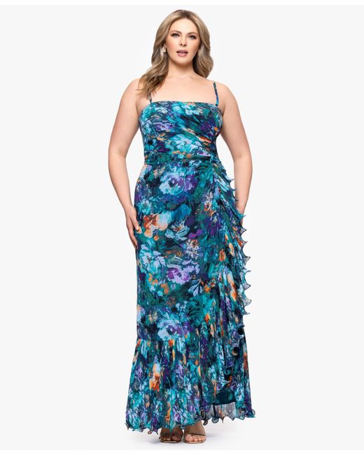 Xscape Plus Size Printed Ruffled Sleeveless Maxi Dress in Blue | Lyst