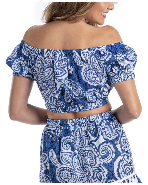 Dotti Blue Cotton Off-the-shoulder Cover-up Cropped Top