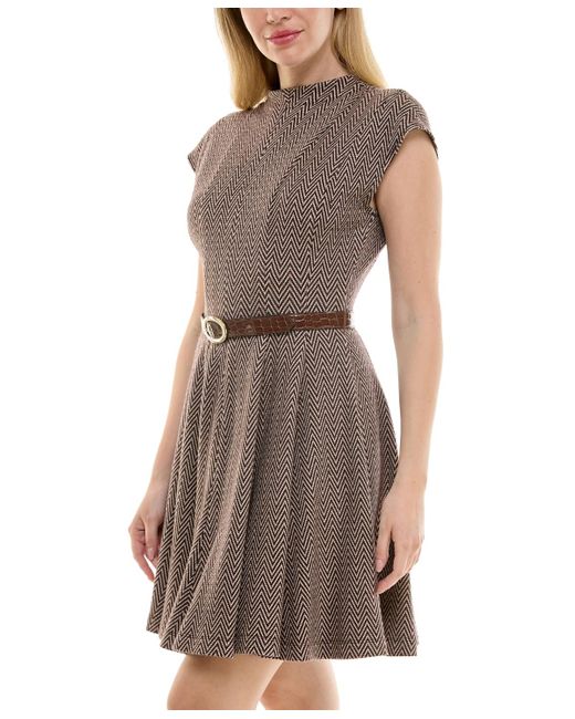 Taylor Natural Petite Jacquard Mock-neck Belted Fit & Flare Dress