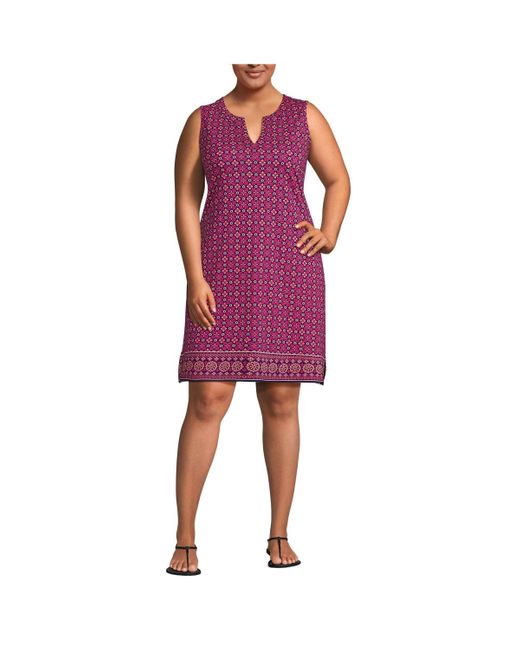 Lands' End Red Plus Size Cotton Jersey Sleeveless Swim Cover-up Dress Print
