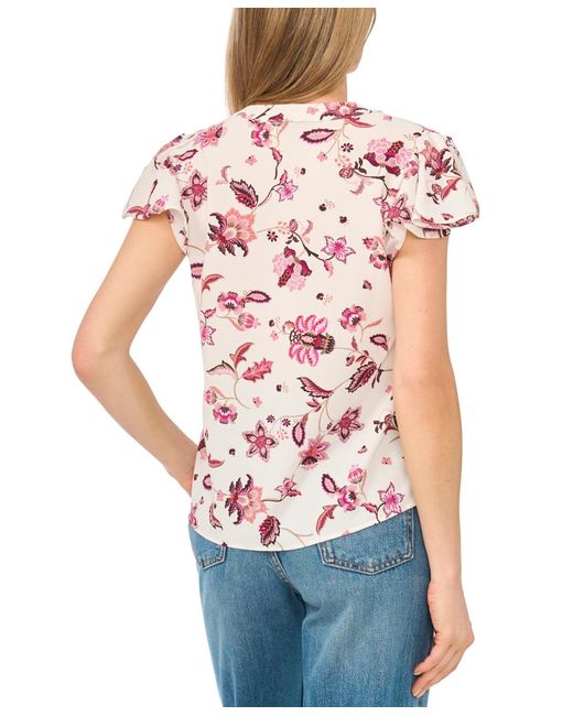 Cece Pink Flutter-sleeve V-neck Top