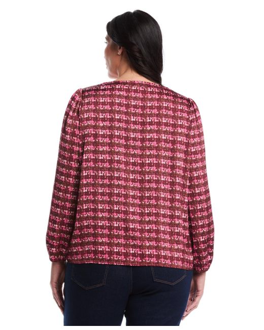 Rafaella Red Plus Size Crosshatch Print Split Neck Long Sleeve Popover Top