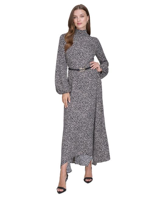Halston Smock neck Long sleeve Belted Chiffon Dress in Gray Lyst
