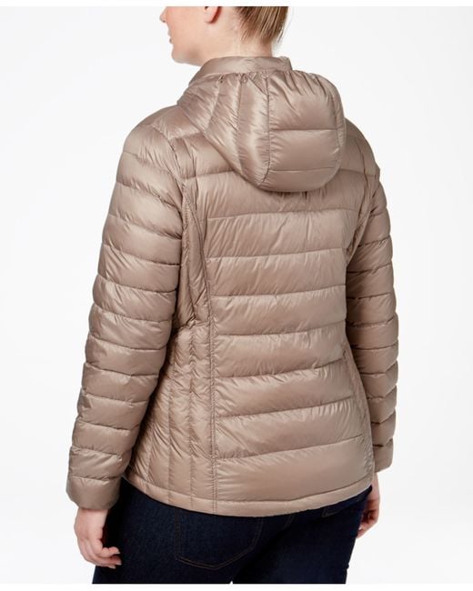 32 degrees Plus Size Hooded Packable Down Puffer Coat in Natural (Taupe ...
