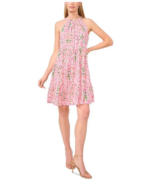 Cece Pink Printed Tiered Halter Minidress