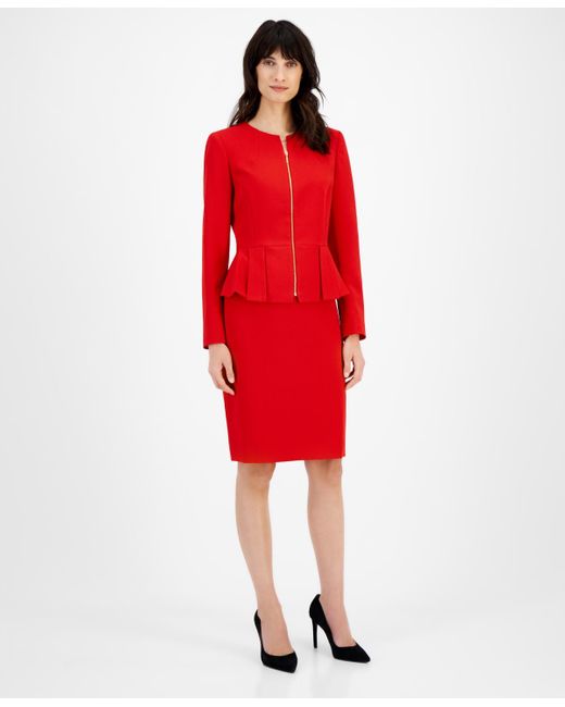 Tahari Red Zipper Jacket Skirt Suit