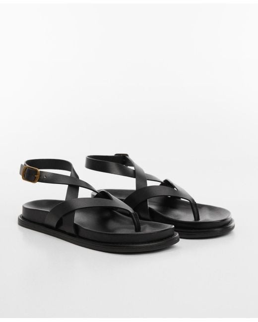 Mango Leather Strap Sandals in Black | Lyst
