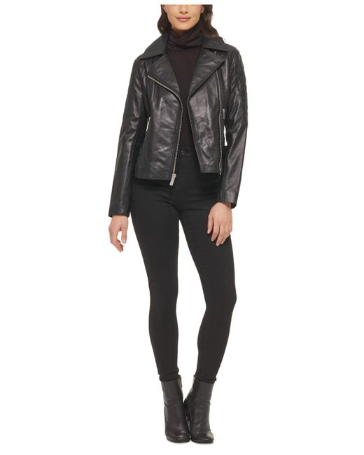 Guess Quilted-sleeve Leather Moto Coat in Black | Lyst