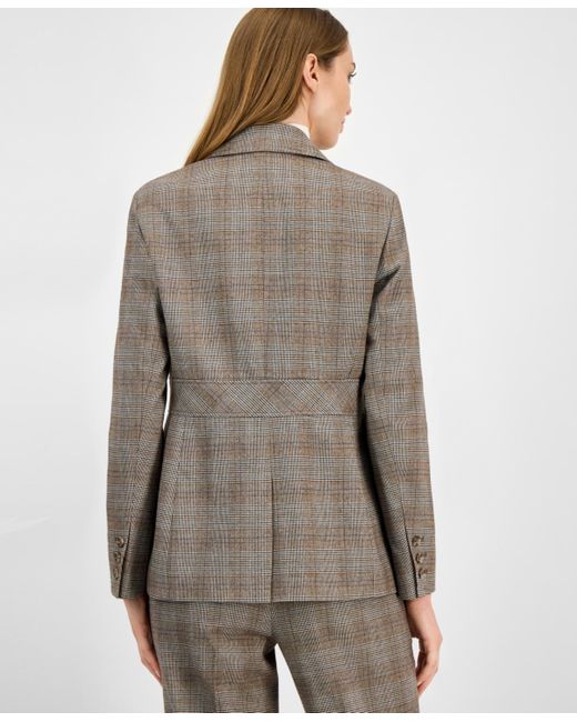 Anne Klein Brown Check-print Peak-lapel Three-pocket Jacket