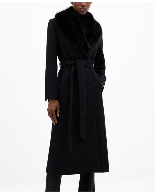 Mango Faux Fur Collar Detachable Wool Coat in Black | Lyst