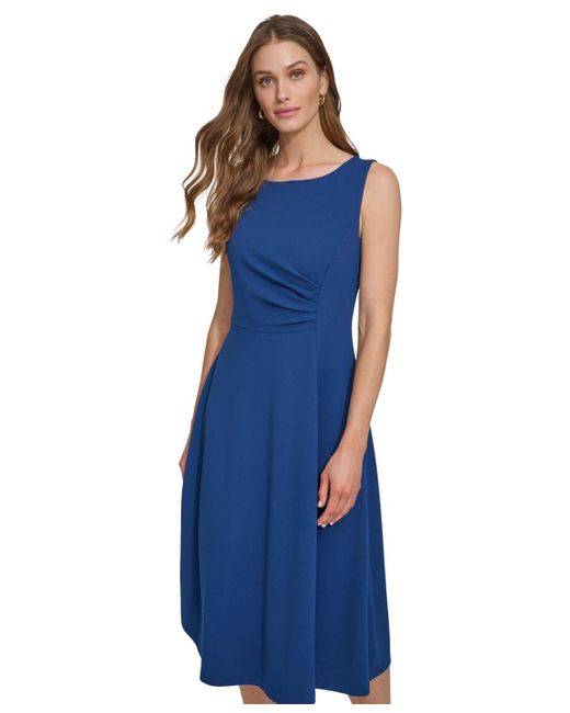 DKNY Blue Sleeveless Side-ruched Midi Dress