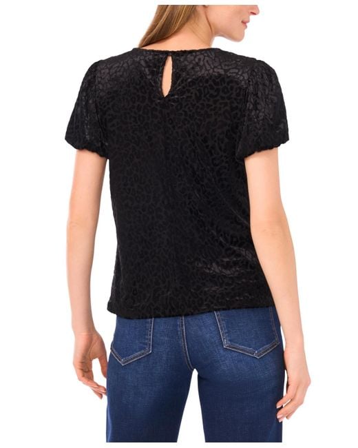 Cece Black Velvet Puff Short Sleeve Crewneck Blouse