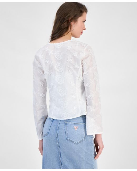 Guess White Long-sleeve Embroidered Tie-front Top