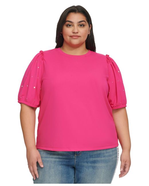Karl Lagerfeld Pink Plus Size Embellished Puff Sleeve Top