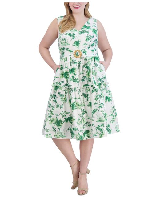 Vince Camuto Green Plus Size Printed Belted Cotton Midi Dress