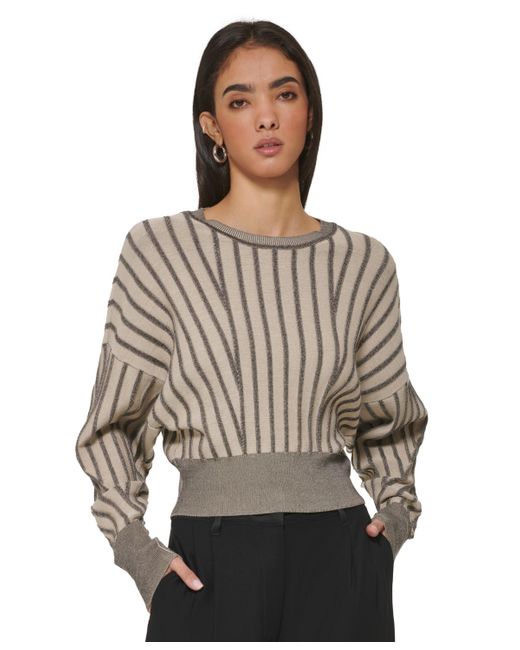 DKNY Gray Transfer-stitch Striped Dolman-sleeve Sweater