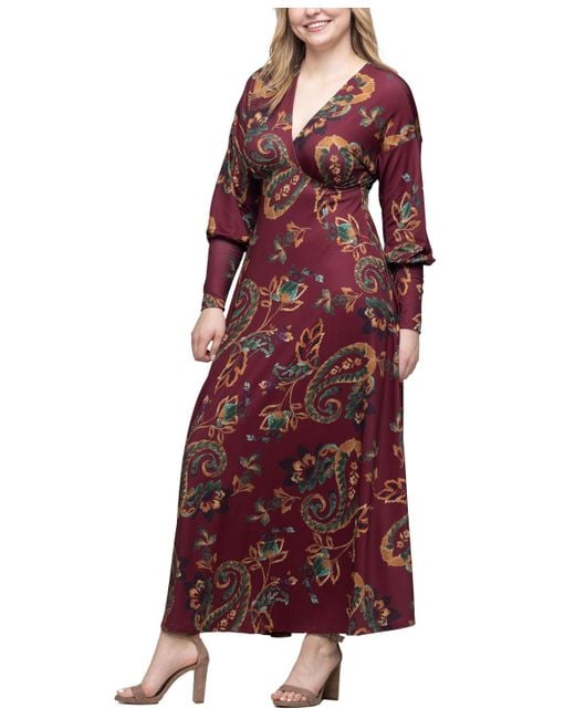 24seven Comfort Apparel Red Wine Paisley Print Sleeve A Line Maxi Dress