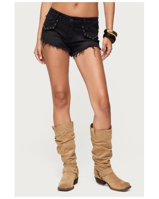 Edikted Black Studded Low Rise Denim Micro Shorts
