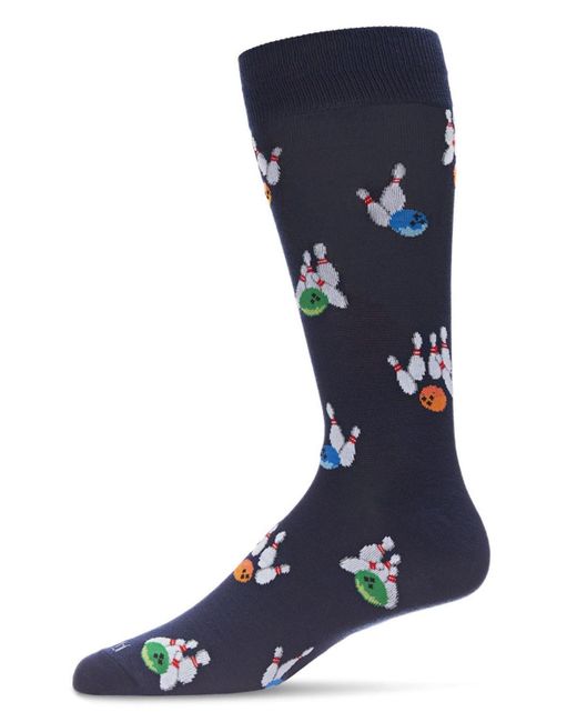 Memoi Blue Let's Go Bowling Novelty Crew Socks for men