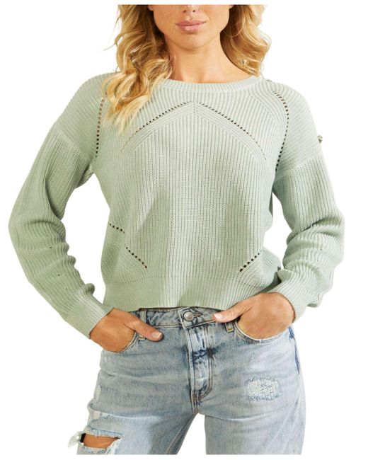 Guess Cotton Camille Buttonshoulder Pointelleknit Sweater in Green Lyst