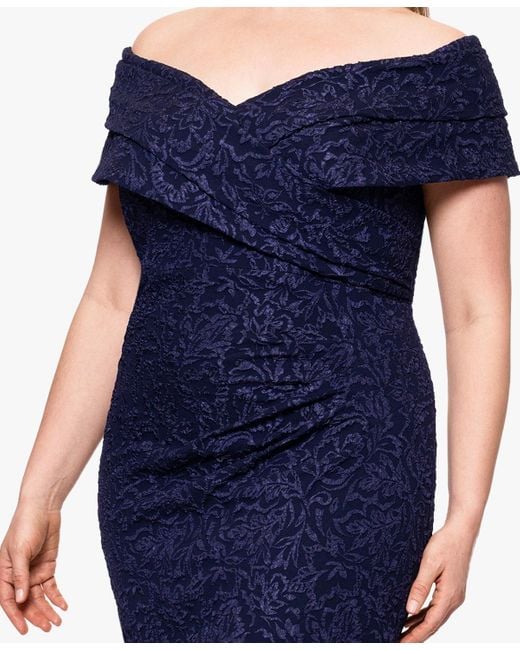 Betsy & Adam Blue Plus Size Off-the-shoulder Jacquard Dress