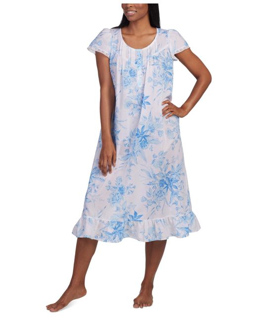 Miss Elaine Blue Cotton Floral Ruffled Nightgown