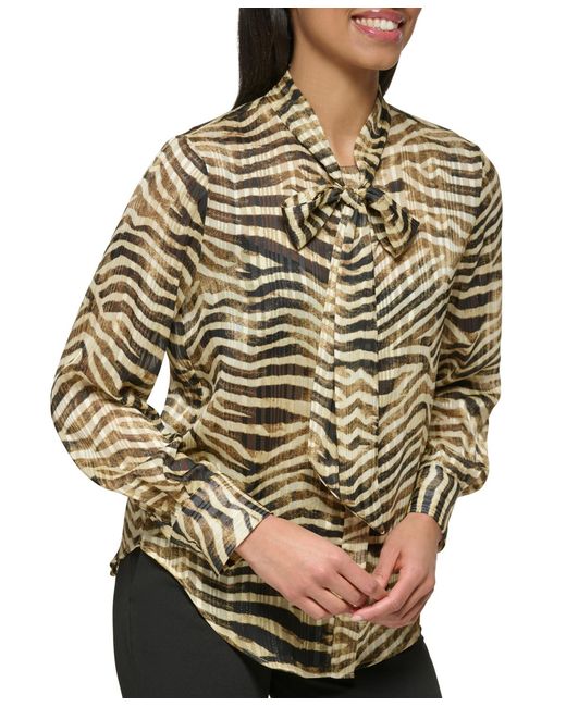 DKNY Multicolor Animal-print Tie-neck Blouse