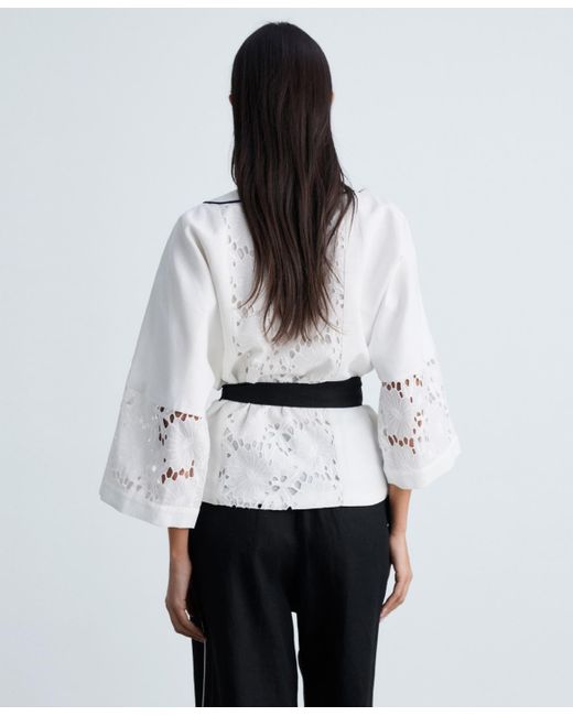 Mango White Openwork Details Linen Blend Caftan