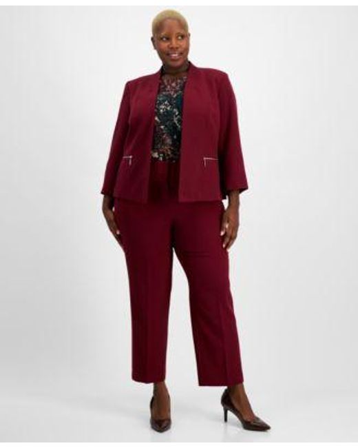Kasper Red Plus Size Open Front Jacket Printed Blouse Slim Pants