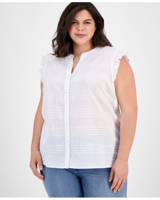 Tommy Hilfiger White Plus Size Cotton Ruffled Sleeveless Shirt