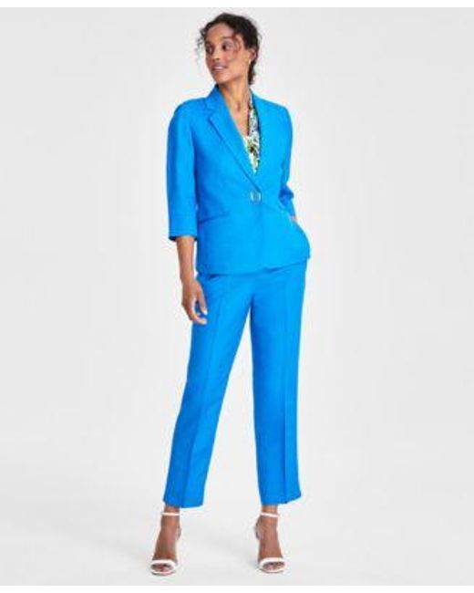 Kasper Blue Notched Collar 3 4 Sleeve Jacket Printed Knot Front Blouse Mid Rise Straight Leg Ankle Pants