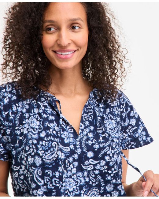 Style & Co. Blue Printed Flutter-sleeve Seersucker Top