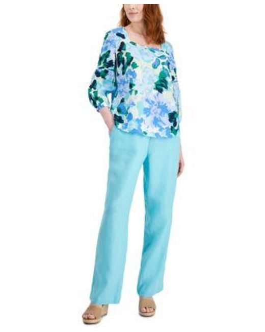 Charter Club Blue Printed Square Neck Linen Top Matching Drawstring Waist Linen Pants Created For Macys