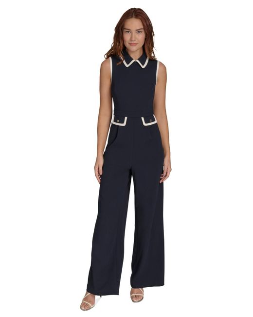 Tommy Hilfiger Blue Pocketed Collared Contrast Sleeveless Dress Jumpsuit